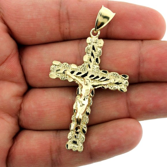 Real 10K Yellow Gold Large Nugget Cross Pendant - Picture 2 of 4